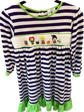 AWE Smocks Girls Halloween Smocked Dress Size 10 Purple Stripe Witch Pumpkin